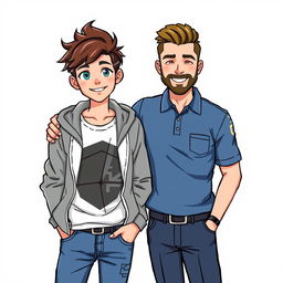 A pixel art illustration featuring a 17-year-old young man and a 30-year-old man posing together against a white background for a photo