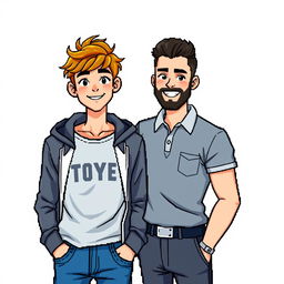 A pixel art illustration featuring a 17-year-old young man and a 30-year-old man posing together against a white background for a photo