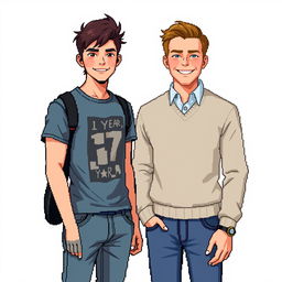 A pixel art illustration featuring a 17-year-old young man and a 30-year-old man posing together against a white background for a photo