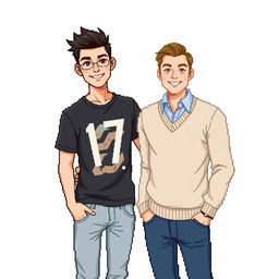 A pixel art illustration featuring a 17-year-old young man and a 30-year-old man posing together against a white background for a photo