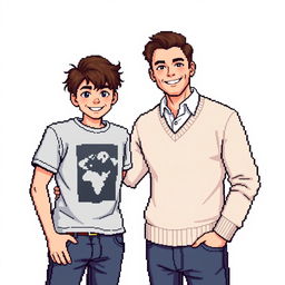 A pixel art illustration featuring a 17-year-old young man and a 30-year-old man posing together against a white background for a photo