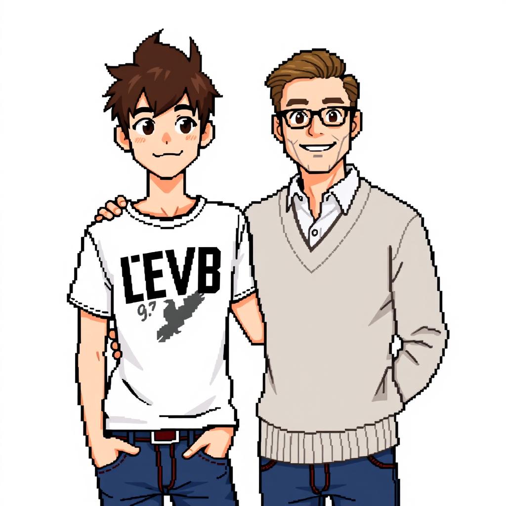 A pixel art illustration featuring a 17-year-old young man and a 30-year-old man posing together against a white background for a photo