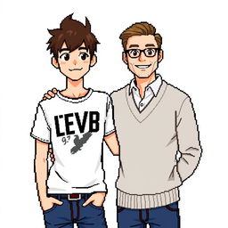 A pixel art illustration featuring a 17-year-old young man and a 30-year-old man posing together against a white background for a photo