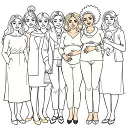 A detailed line drawing for a coloring book depicting a diverse group of women and girls of different ages and skin colors, all wearing modern clothes and standing next to each other in a friendly and inclusive manner