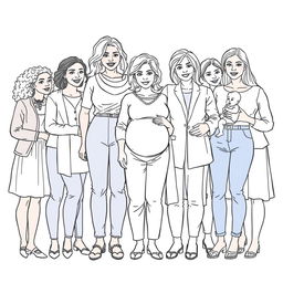 A detailed line drawing for a coloring book depicting a diverse group of women and girls of different ages and skin colors, all wearing modern clothes and standing next to each other in a friendly and inclusive manner