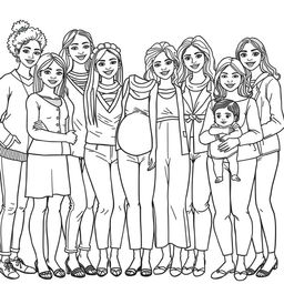 A detailed line drawing for a coloring book depicting a diverse group of women and girls of different ages and skin colors, all wearing modern clothes and standing next to each other in a friendly and inclusive manner