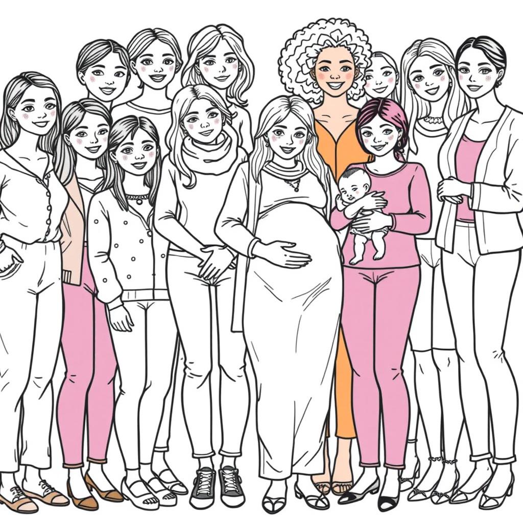 A detailed line drawing for a coloring book depicting a diverse group of women and girls of different ages and skin colors, all wearing modern clothes and standing next to each other in a friendly and inclusive manner