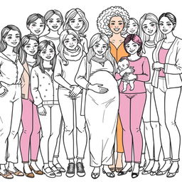 A detailed line drawing for a coloring book depicting a diverse group of women and girls of different ages and skin colors, all wearing modern clothes and standing next to each other in a friendly and inclusive manner