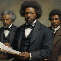 In the impressionistic style of Claude Monet, depict a 20-year-old Frederick Douglass holding the attention of a group of abolitionists. Showcase the respect and intrigue in the eyes of the onlookers, while Douglass emanates youthful ambition and confidence.