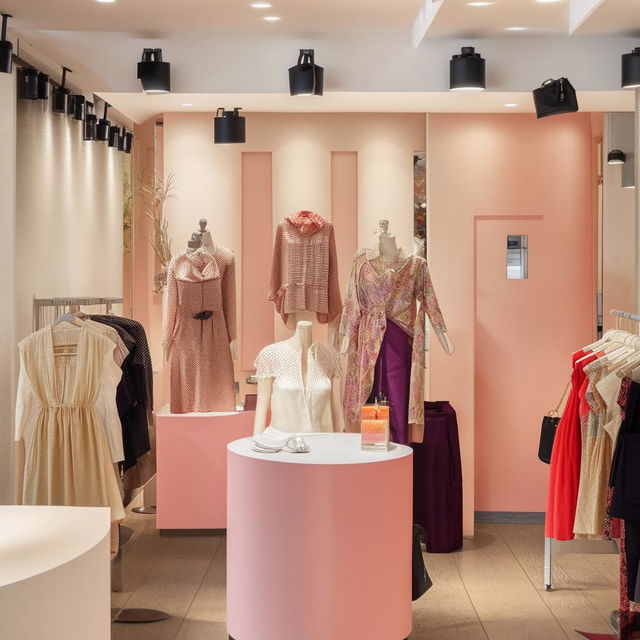 A women's clothing reception shop with fashionable garments showcased attractively