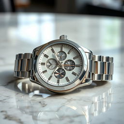 A close-up view of an intricately designed luxury watch, featuring a gleaming silver stainless steel bracelet, a detailed watch face with luminous hands, and a sparkling sapphire crystal