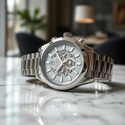 A close-up view of an intricately designed luxury watch, featuring a gleaming silver stainless steel bracelet, a detailed watch face with luminous hands, and a sparkling sapphire crystal