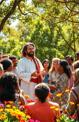 A vibrant scene depicting a diverse group of people gathered around a charismatic speaker resembling a modern-day evangelist inspired by Jesus, passionately sharing messages of love and hope