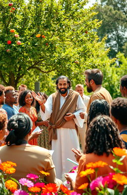 A vibrant scene depicting a diverse group of people gathered around a charismatic speaker resembling a modern-day evangelist inspired by Jesus, passionately sharing messages of love and hope