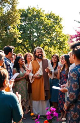 A vibrant scene depicting a diverse group of people gathered around a charismatic speaker resembling a modern-day evangelist inspired by Jesus, passionately sharing messages of love and hope