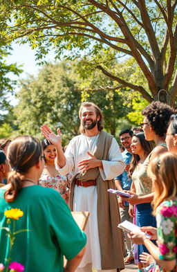 A vibrant scene depicting a diverse group of people gathered around a charismatic speaker resembling a modern-day evangelist inspired by Jesus, passionately sharing messages of love and hope