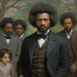 In the impressionistic style of Claude Monet, depict a 20-year-old Frederick Douglass holding the attention of a group of abolitionists. Showcase the respect and intrigue in the eyes of the onlookers, while Douglass emanates youthful ambition and confidence.