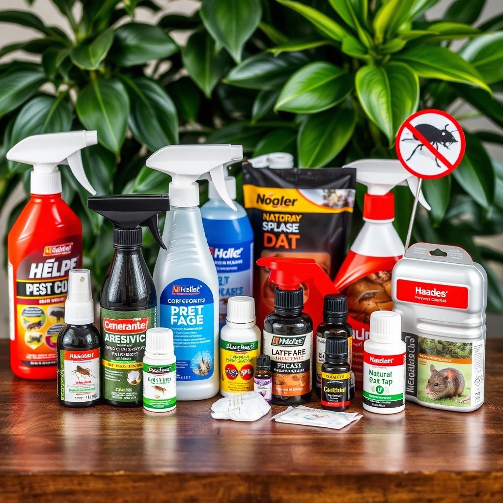 An arrangement showcasing various pest control products creatively displayed on a wooden table