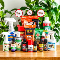 An arrangement showcasing various pest control products creatively displayed on a wooden table