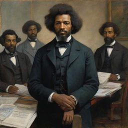 In the impressionistic style of Claude Monet, depict a 20-year-old Frederick Douglass holding the attention of a group of abolitionists. Showcase the respect and intrigue in the eyes of the onlookers, while Douglass emanates youthful ambition and confidence.