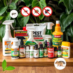 An arrangement showcasing various pest control products creatively displayed on a wooden table