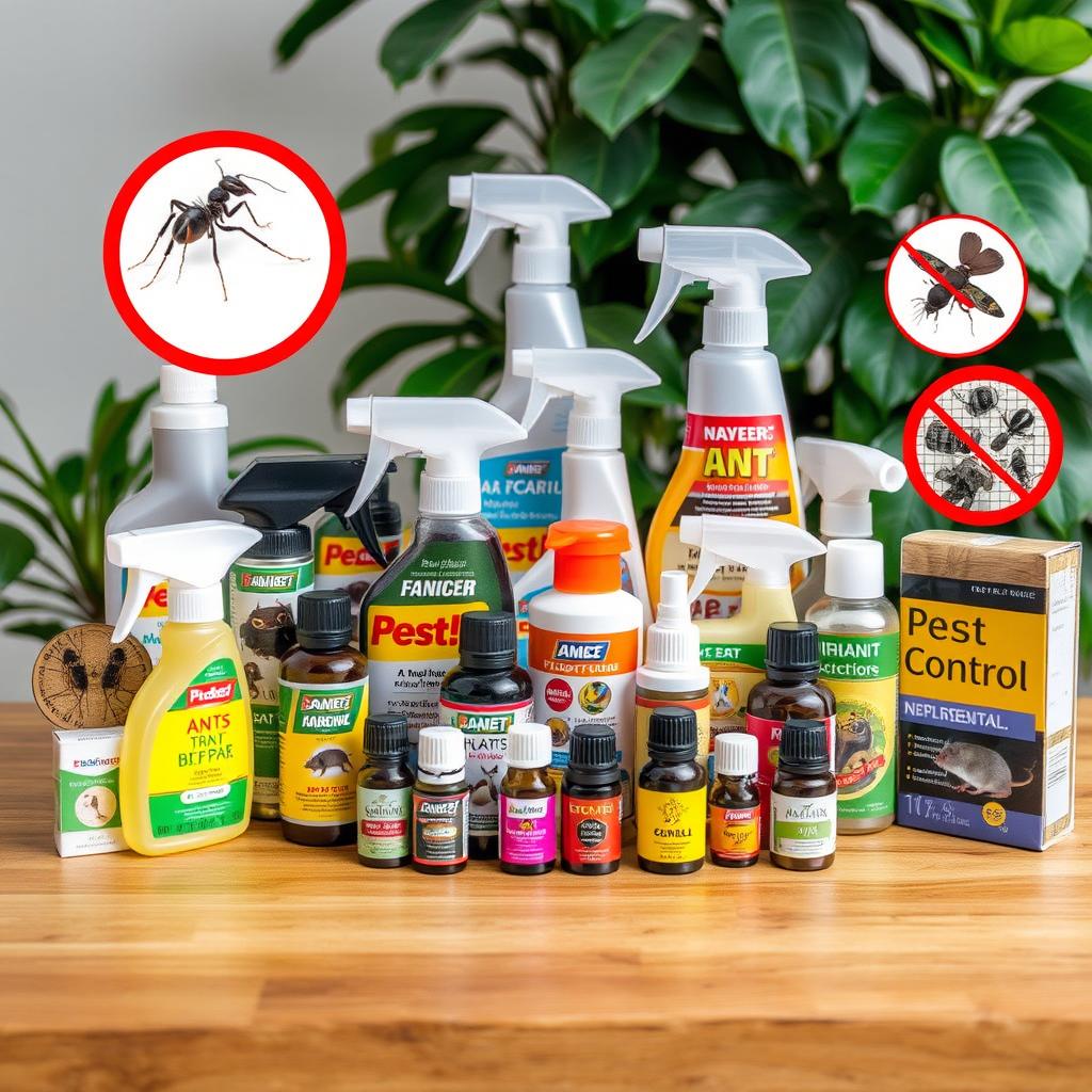 An arrangement showcasing various pest control products creatively displayed on a wooden table