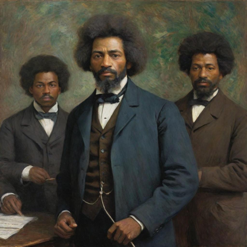 In the impressionistic style of Claude Monet, depict a 20-year-old Frederick Douglass holding the attention of a group of abolitionists. Showcase the respect and intrigue in the eyes of the onlookers, while Douglass emanates youthful ambition and confidence.