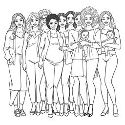 A detailed line drawing for a coloring book showcasing an inclusive and diverse group of women and girls of all ages, skin colors, and body types, dressed in modern clothing