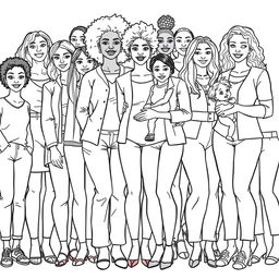 A detailed line drawing for a coloring book showcasing an inclusive and diverse group of women and girls of all ages, skin colors, and body types, dressed in modern clothing