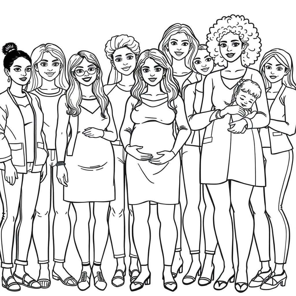 A detailed line drawing for a coloring book showcasing an inclusive and diverse group of women and girls of all ages, skin colors, and body types, dressed in modern clothing