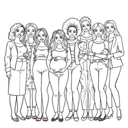 A detailed line drawing for a coloring book showcasing an inclusive and diverse group of women and girls of all ages, skin colors, and body types, dressed in modern clothing