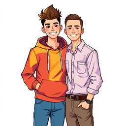 A pixel art illustration depicting a 17-year-old young man and a 30-year-old man posing together against a white background for a photo