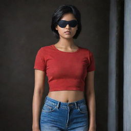 The Indian girl, with her short hair and black eyepatch, dressed in a red top and jeans, now stands in a noticeably darker setting, creating an air of mystery.