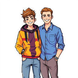 A pixel art illustration depicting a 17-year-old young man and a 30-year-old man posing together against a white background for a photo