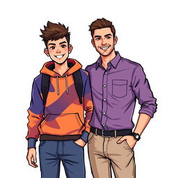 A pixel art illustration depicting a 17-year-old young man and a 30-year-old man posing together against a white background for a photo