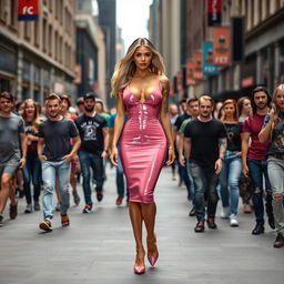 A stunning woman in a form-fitting pink latex dress with a very low neckline, emphasizing her large breasts