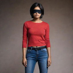 The Indian girl, with her short hair and black eyepatch, dressed in a red top and jeans, now stands in a noticeably darker setting, creating an air of mystery.