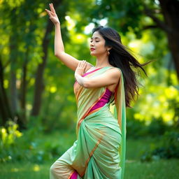 A graceful woman in a beautiful saree, performing yoga poses in a serene outdoor setting, the fabric of her saree elegantly drapes over her form while complementing her curves