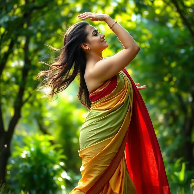 A graceful woman in a beautiful saree, performing yoga poses in a serene outdoor setting, the fabric of her saree elegantly drapes over her form while complementing her curves