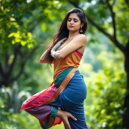 A graceful woman in a beautiful saree, performing yoga poses in a serene outdoor setting, the fabric of her saree elegantly drapes over her form while complementing her curves