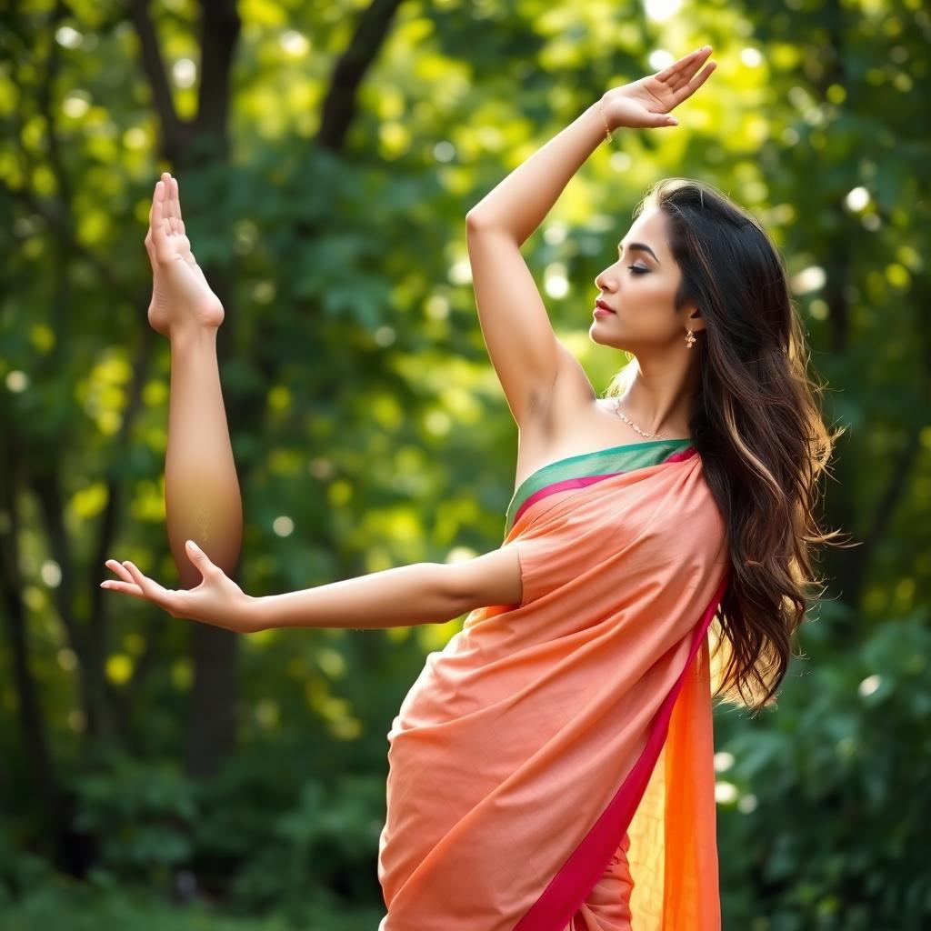 A graceful woman in a beautiful saree, performing yoga poses in a serene outdoor setting, the fabric of her saree elegantly drapes over her form while complementing her curves