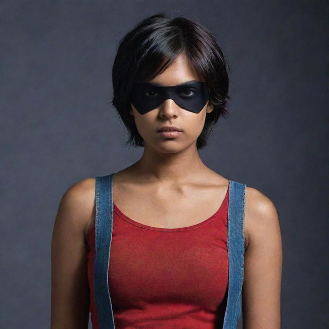 The Indian girl, with her short hair and black eyepatch, dressed in a red top and jeans, now stands in a noticeably darker setting, creating an air of mystery.