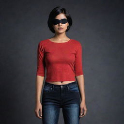 The Indian girl, with her short hair and black eyepatch, dressed in a red top and jeans, now stands in a noticeably darker setting, creating an air of mystery.