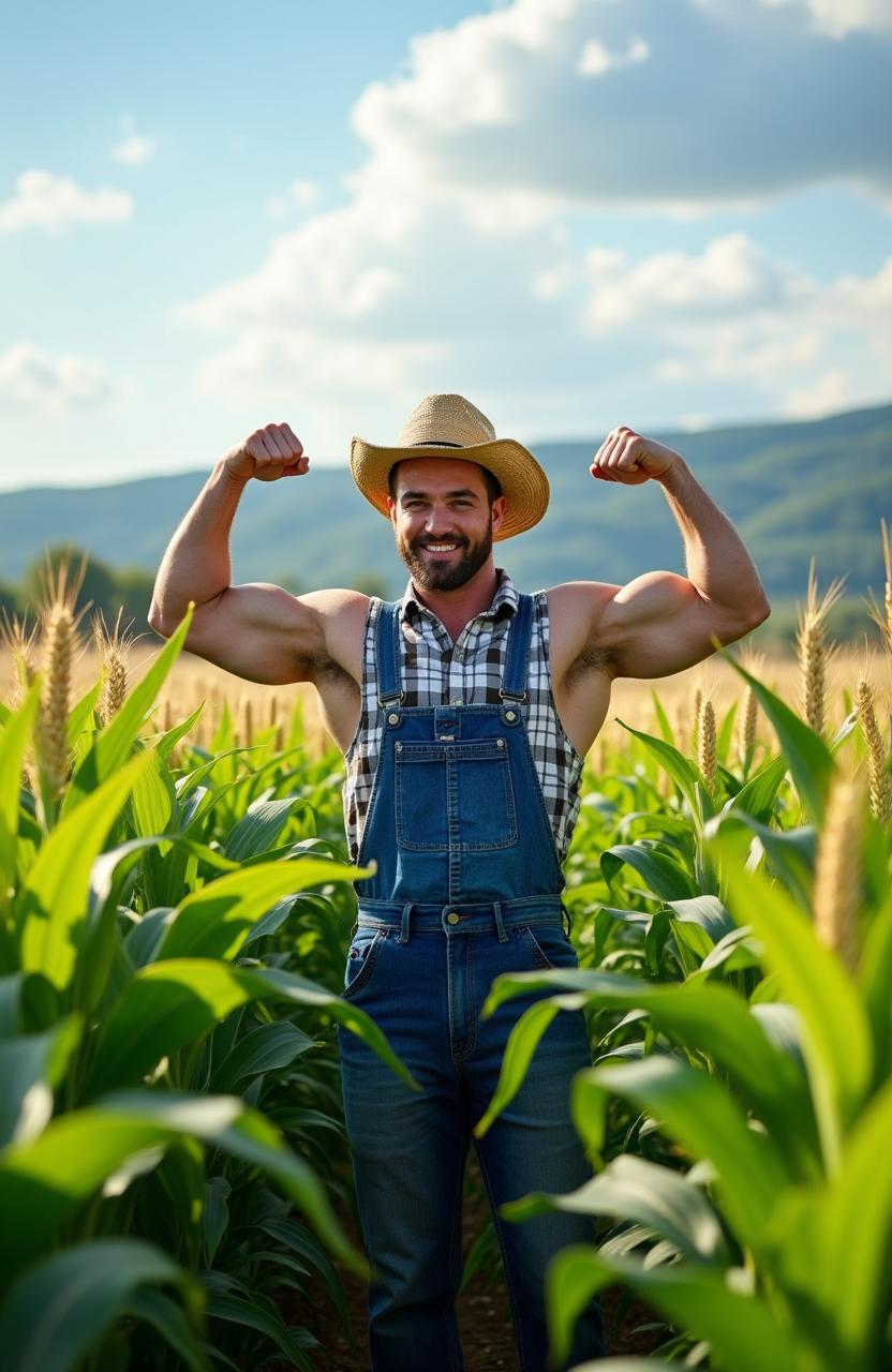 A fit and muscular farmer standing proudly amidst a lush green field of crops