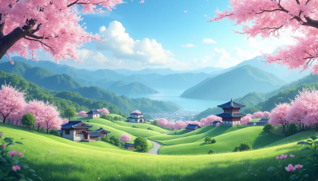 An enchanting image featuring a traditional Korean landscape as the backdrop