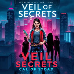 Cover design for the novel "Veil of Secrets", featuring a modern cityscape filled with vibrant neon lights