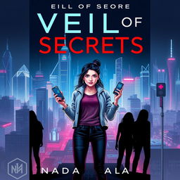 Cover design for the novel "Veil of Secrets", featuring a modern cityscape filled with vibrant neon lights