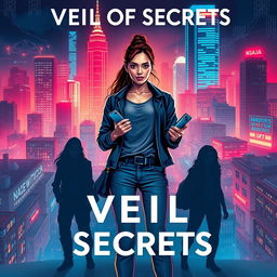 Cover design for the novel "Veil of Secrets", featuring a modern cityscape filled with vibrant neon lights