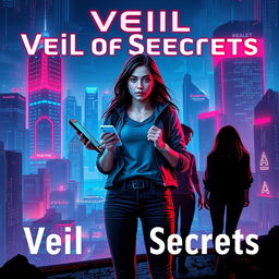 Cover design for the novel "Veil of Secrets", featuring a modern cityscape filled with vibrant neon lights