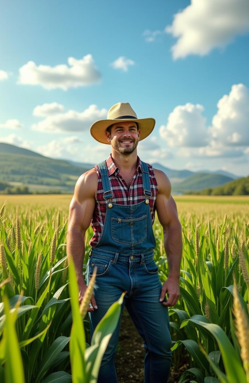 A fit and muscular farmer standing confidently in a sprawling field of vibrant crops